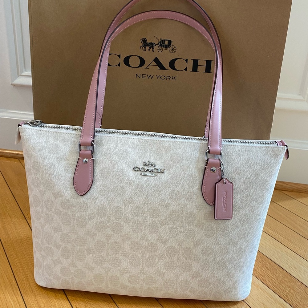 Coach Signature White Tote with Pink Accents